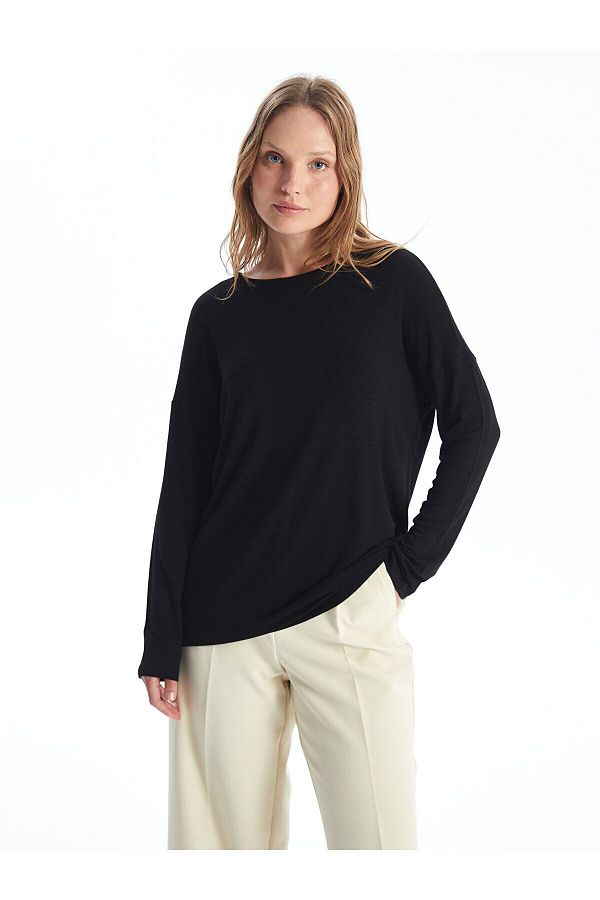 LC Waikiki-T-shirt damski oversize – okrągły dekolt, jednolity, długi rękaw 1