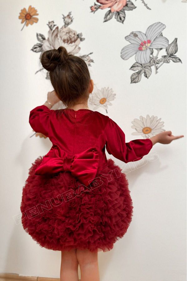 penu baby kids Burgundy Velvet Fabric Long Sleeve Tutu Baby Girl Dress Velvet Trendyol