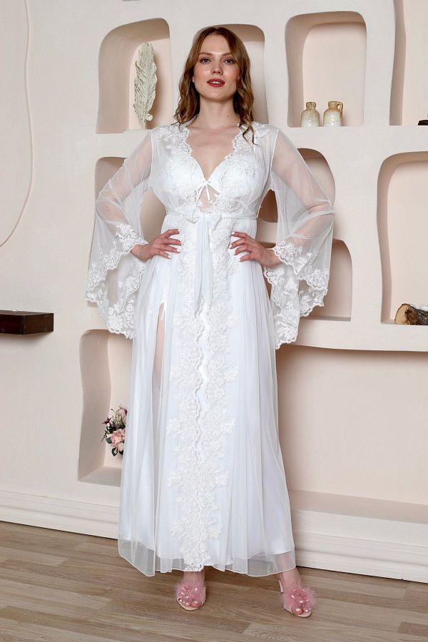 Luxury Home Lace Women s Nightgown and Dressing Gown 2 Piece Bridal Set Trendyol