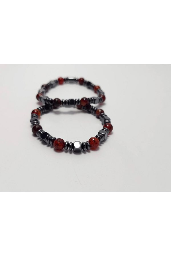 Yüksel Boncuk-2-Piece Red Natural Stone Bracelet - Crab Fluffy and Hematite Stone 1