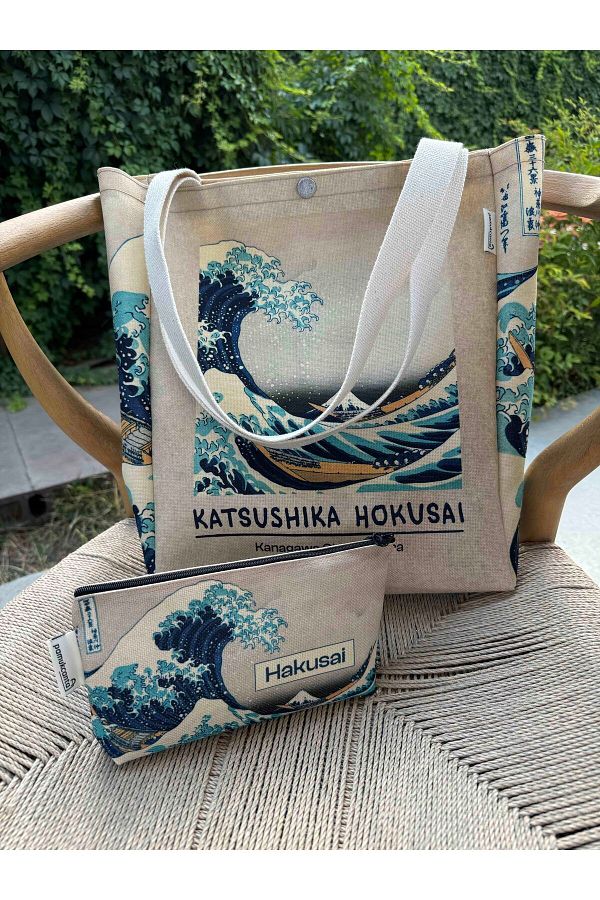 pamukcanta Katsushika Hokusai Washable Metal Cloth Bag and Makeup Bag Set of 2 Trendyol