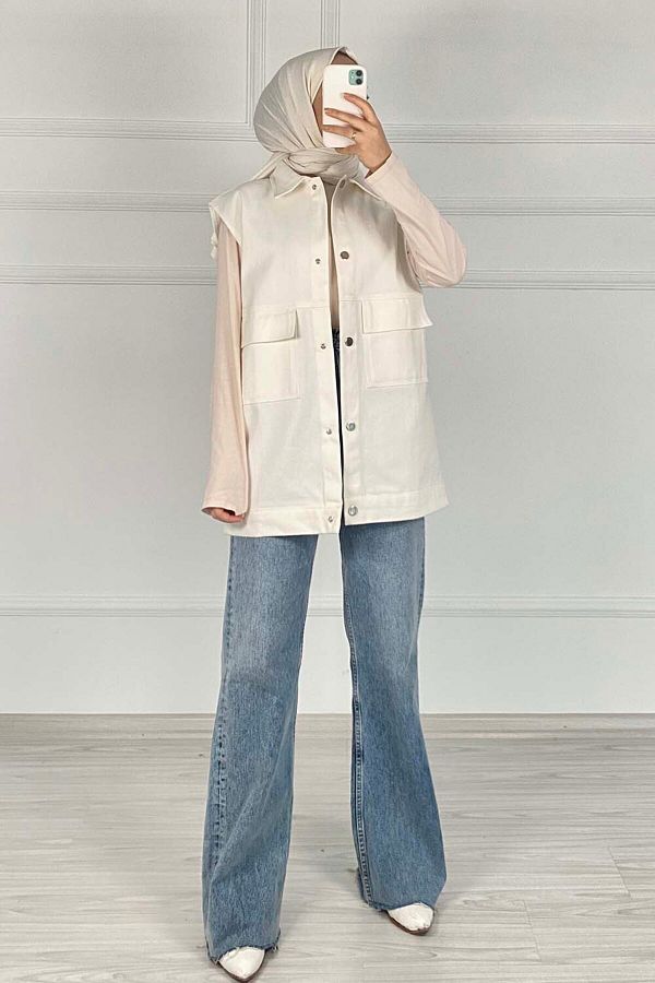 lamelif-Ecru Vest - Front Snap Button 1