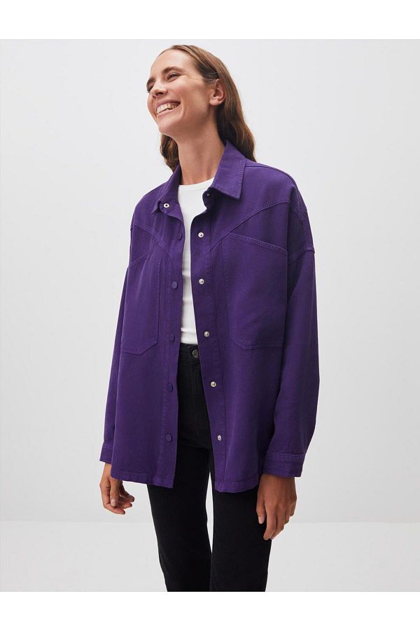 Jimmy Key Long Loose Cut Dark Purple Denim Jacket Trendyol