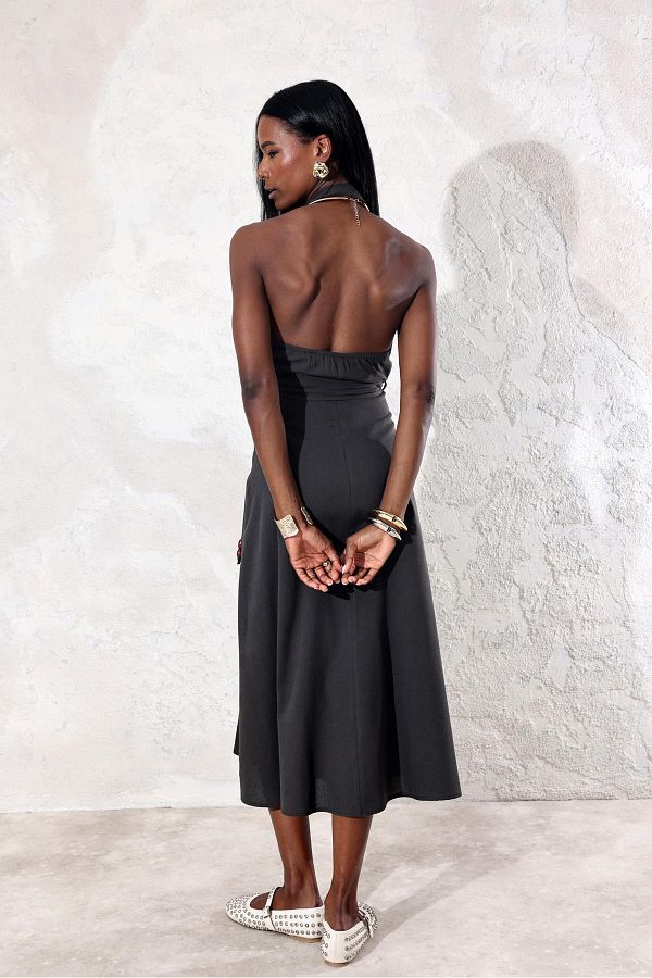 5in1Canpolat Linen Dress Anthracite String and Halter Neck 8078 Trendyol