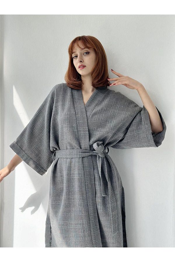 Retrobird Chenille Fabric Cardigan Winter Kimono Women Gray Trendyol