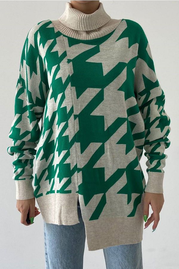 vuvutasarım-Asymmetrisch gemusterter Strickstoff Rollkragendesign Oversize-Pullover 193 1