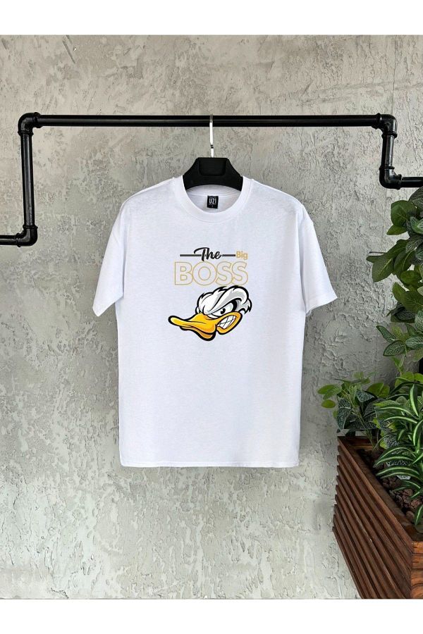 B KOMB NE Men s White T shirt Big Boss Printed Trendyol