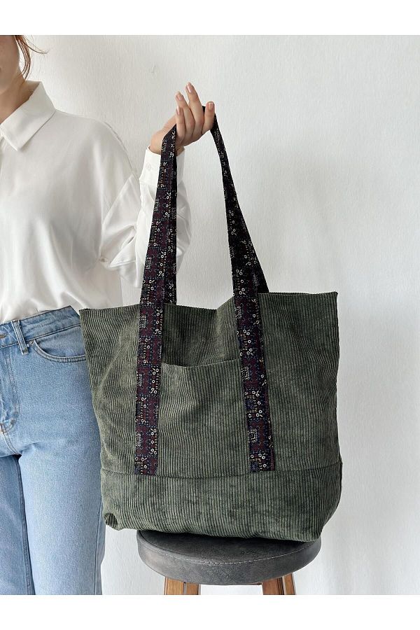 Retrobird-Geantă Tote Catifea Design Geantă Cumparaturi Femei Kaki 1