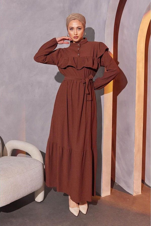 HİFADEN-Μακρύ γυναικείο φόρεμα Hijab με βολάν και κουμπιά με ζώνη 1