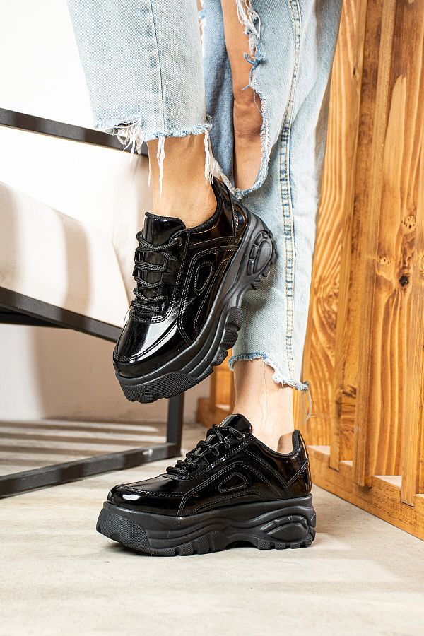 merShoes Black Patent Leather Sneaker Patterned High Sole and Lace Up Women s Sports Shoes 001 Trendyol