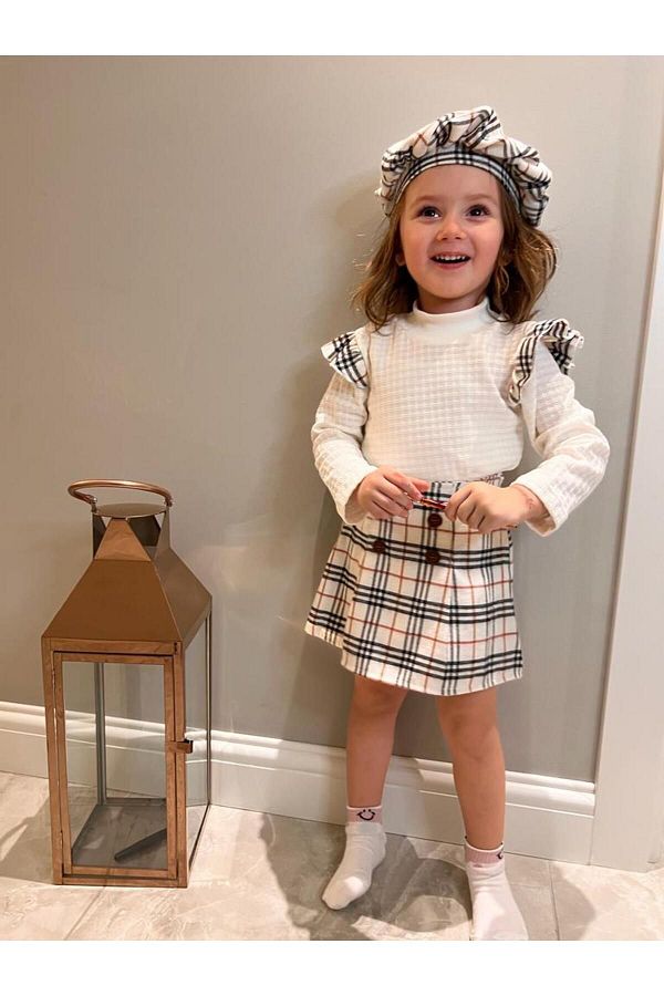 BT Baby Girl s Winter Plaid Skirt 100 Cotton Fabric Triple Set with Badi Hat Trendyol