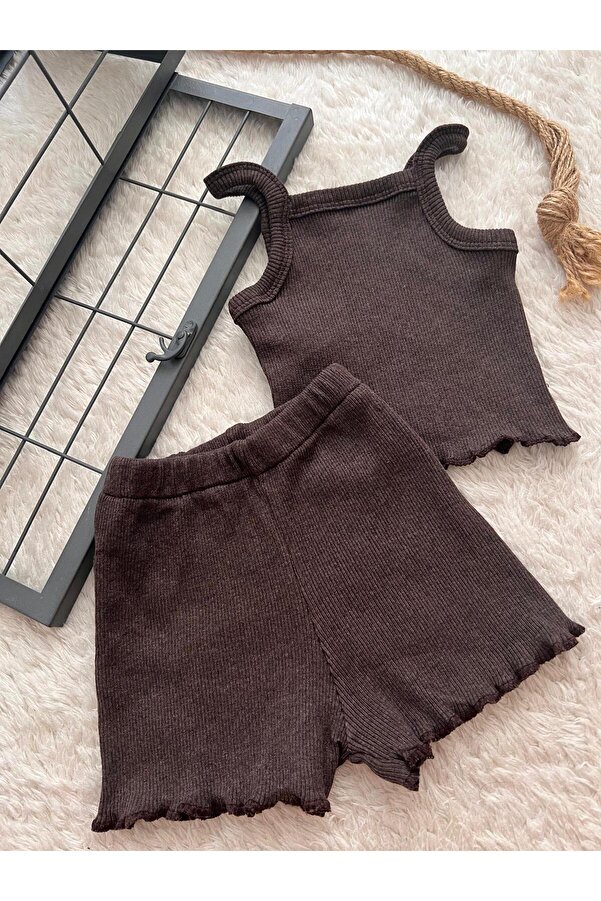 BAHNUR Bebek Çocuk Kahverengi Crop Takım Alt-üst Yazlık Şort Takım