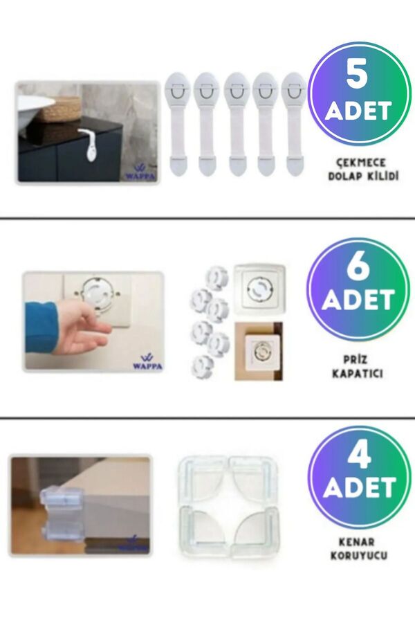 WAPPA 5 Çekmece Dolap Kilidi,4 Köşe Koruyucu, 6 Priz Koruyucu Çocuk Bebek Güvenlik Emniyet Seti