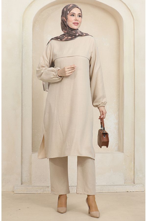 sefamerve-Mink Sleeve Elastic Tunic and Trousers Double Set - 1005-02 1