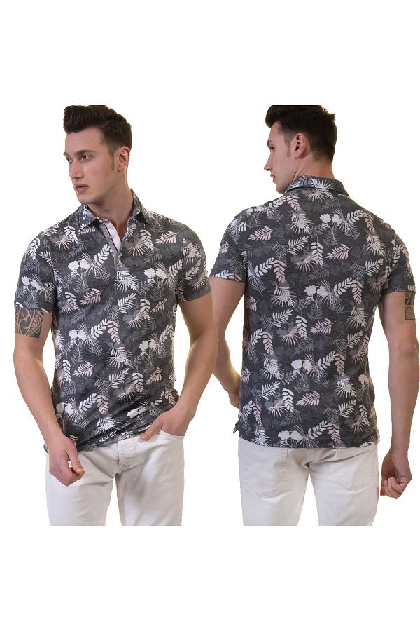 Exve Exclusive Polo Collar Gray White Floral Hawaiian Pattern Short Sleeve T Shirt Trendyol