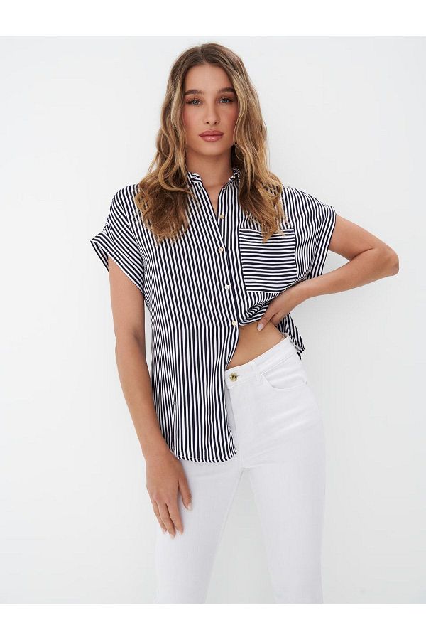 Fiore Viola-Women's Shirt - Front Button Closure, Pocket, Collar Short Bat Sleeve, Flexible Gabardine Fabric 1