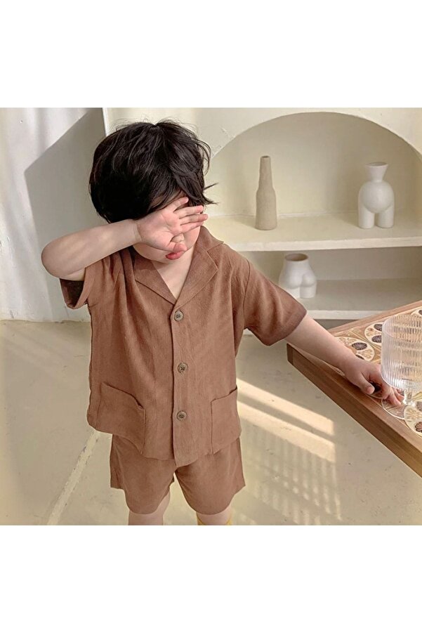 barin kids Erkek & Kız Çocuk Unisex Yazlık %100 Pamuk Keten Gömlek Şort Takım