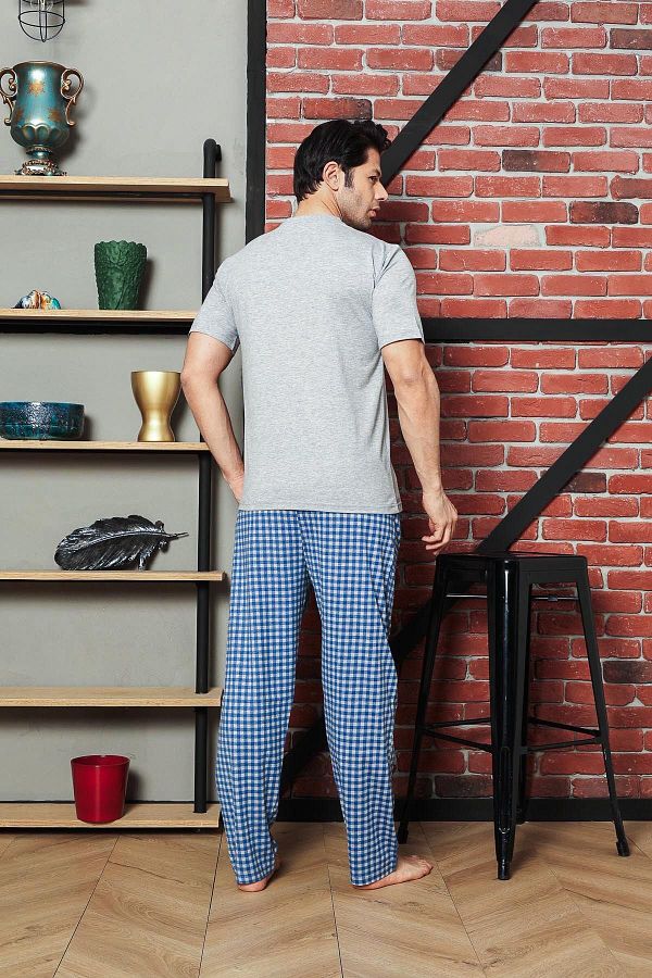 Ahengim Man Single Jersey Men s Pajama Set Short Sleeve Trolley Shoulder Plaid Pattern and Embroidered Cotton Trendyol
