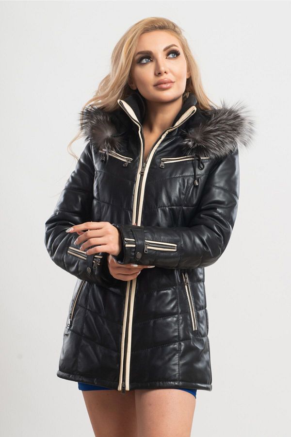 Ata Leather Women s Genuine Leather Puffer Jacket Black Trendyol
