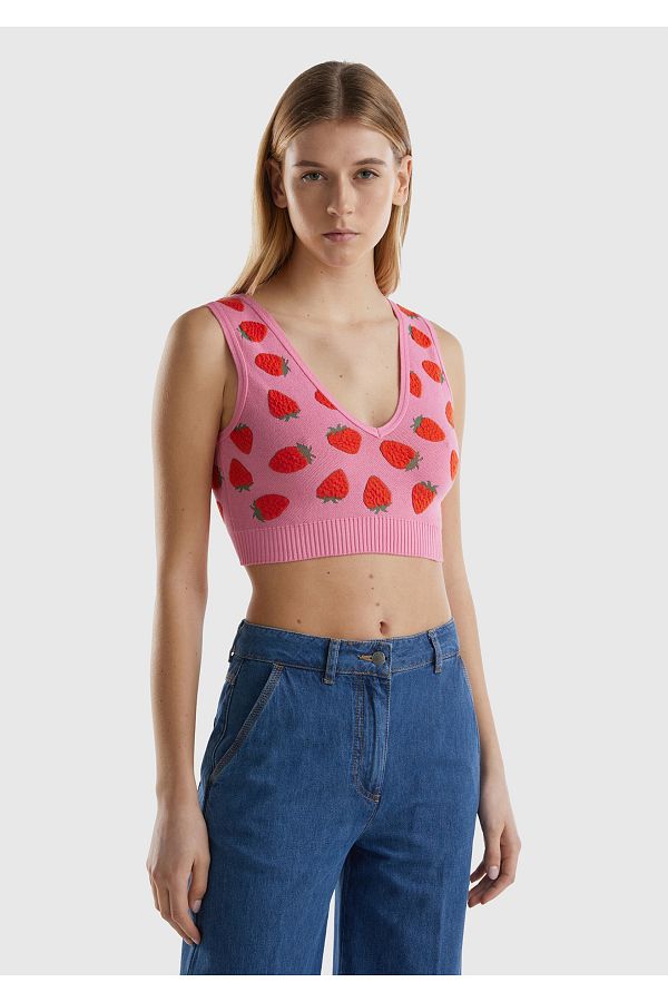 ユナイテッドカラーズオブベネトン United Colors Of Benetton 【 Knitted Long Sleeve Crop Top Women 】 レディース United Colors of Benetton Women's Light Pink Cotton Blended