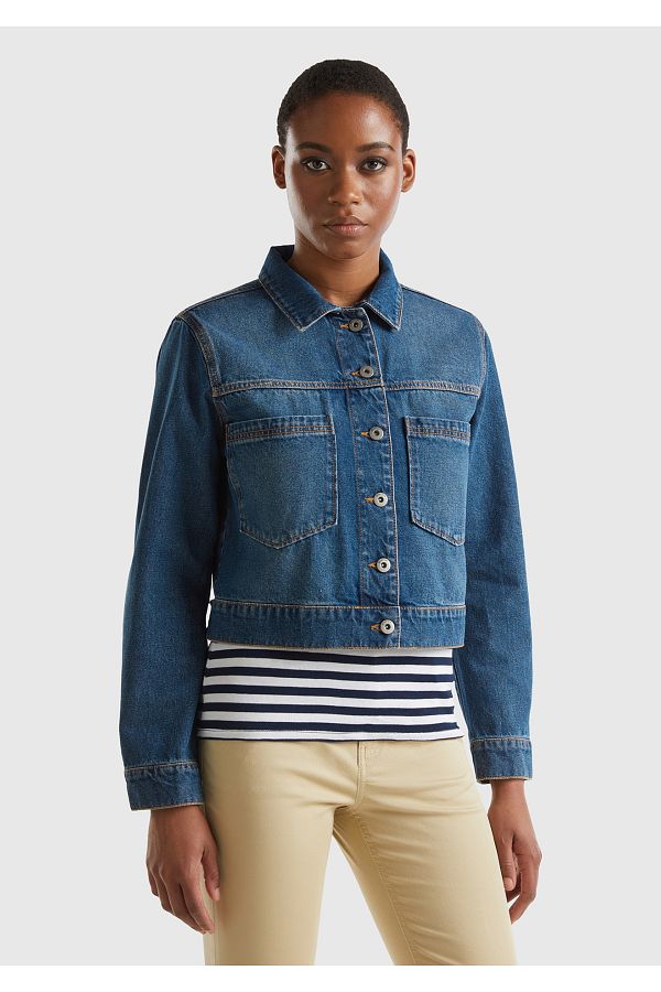United Colors of Benetton Indigo Women s Denim Jacket 100 Cotton Patch Pocket and Adjustable Waist Trendyol