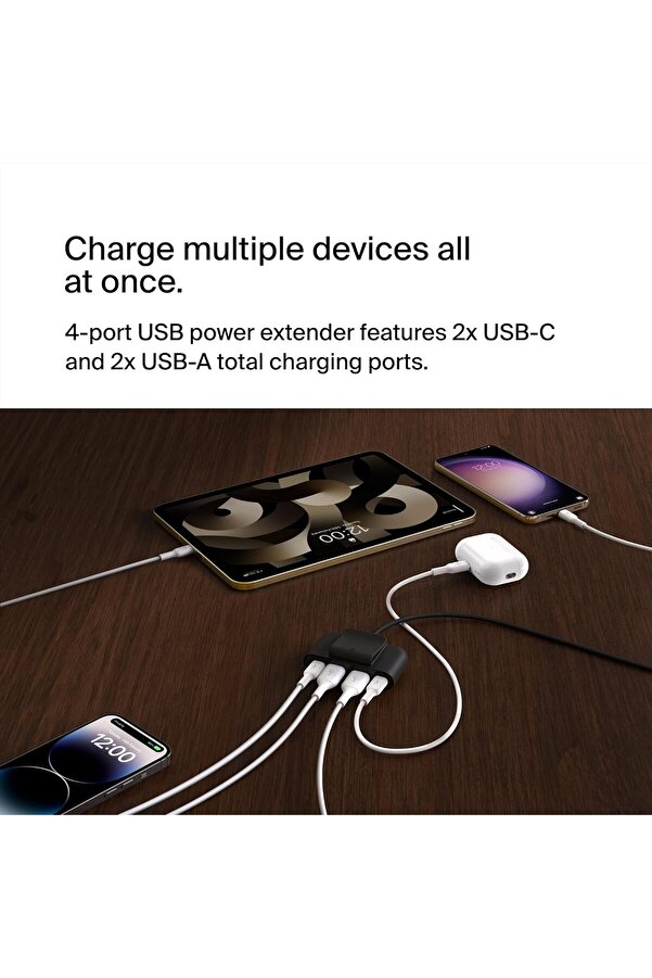 Belkin 4-Port USB Power Extender, 2m Cable, USB-C USB-A