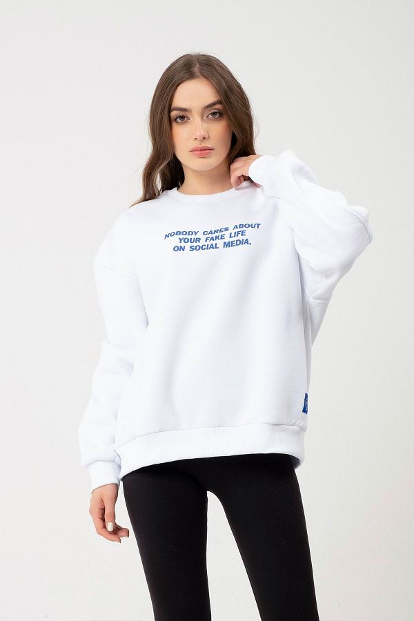 Eazy Co Oversize Unisex White Crew Neck Thick Sweatshirt Trendyol