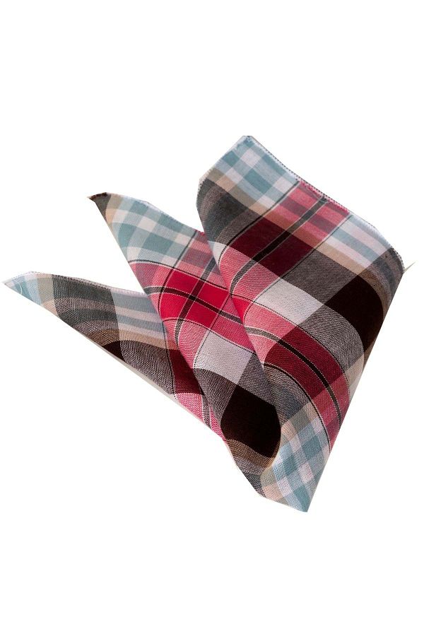 Exve Exclusive-Red Brown Turquoise Plaid Checked Breathable Collar Pocket Handkerchief 1
