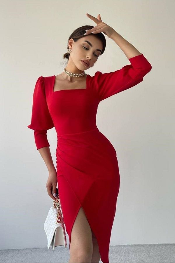 bayansepeti Women s Red Stretchy Crepe Fabric Square Neck Slit Detailed Elbow Sleeve Midi Dress Trendyol