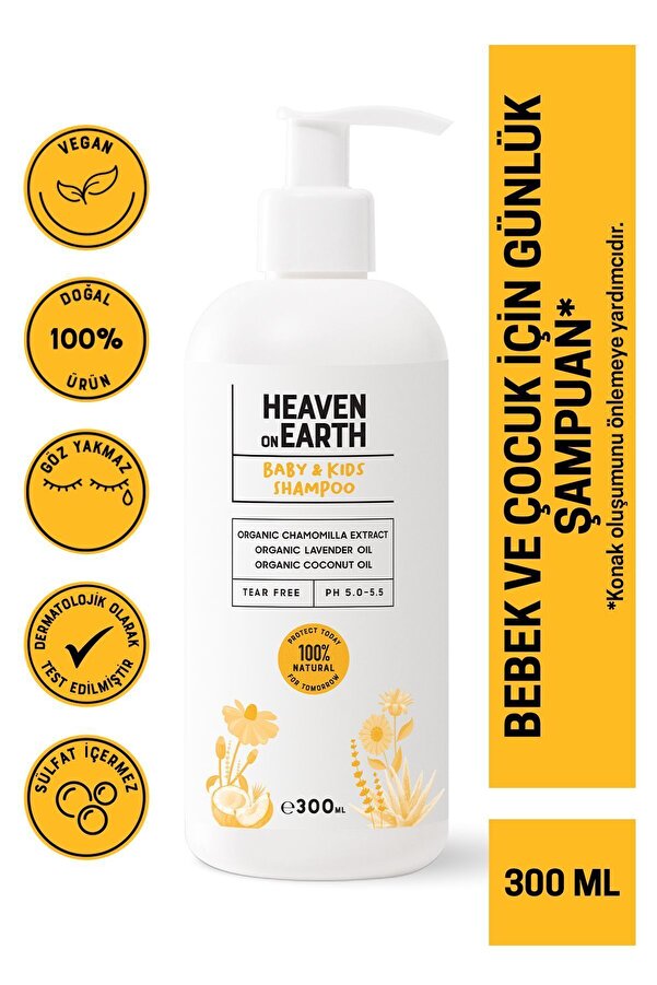 Heaven on Earth Bebek Çocuk Saç-Vücut Şampuanı Konak Önleyici %100 Doğal Organik Papatya Vegan Parabensiz-300 ml