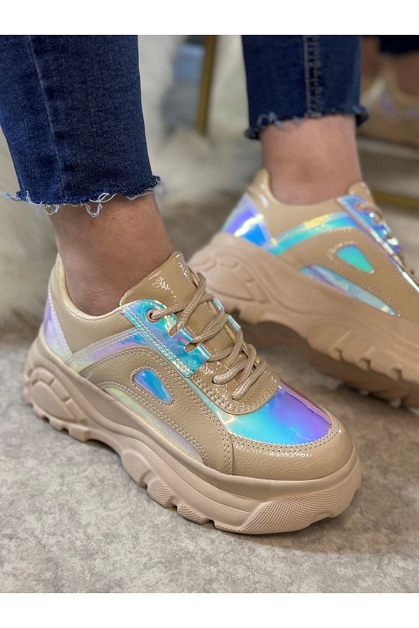 merShoes Beige Hologram Casual Women s Sneakers High Sole 6 cm Sneakers 001 Trendyol