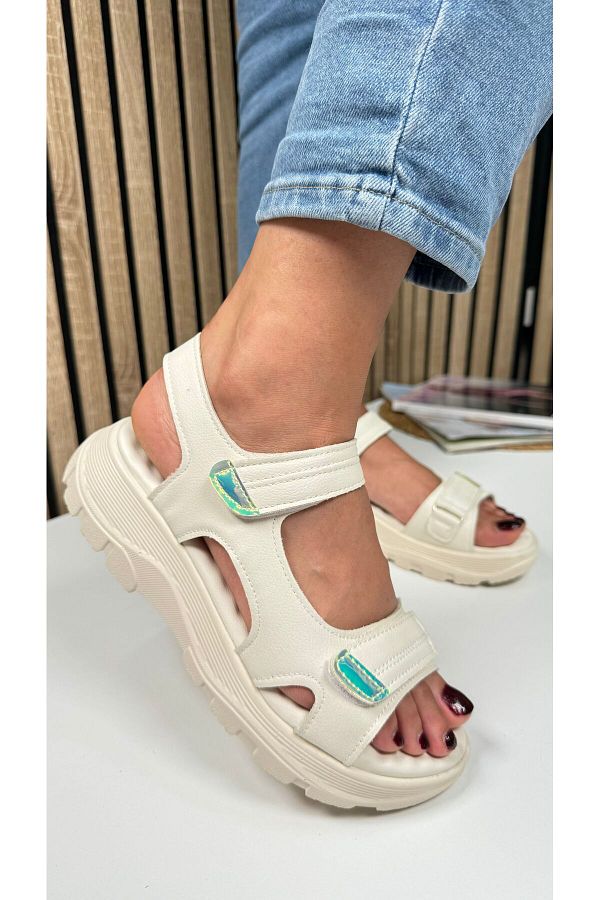 merShoes Beige Women s Sandals Hologram Adjustable Velcro High Serrated Sole Comfortable Shoes 1300 Trendyol