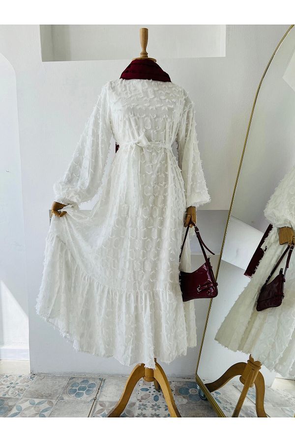 White dress with tassels on sleeves on sale