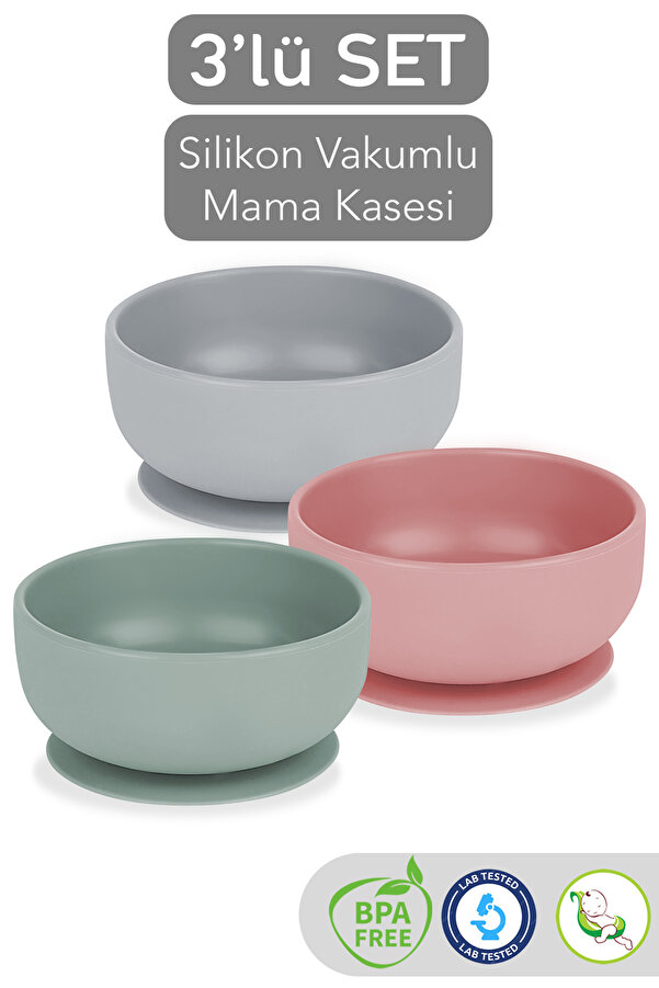 Meleni Baby 3'lü Silikon Vakumlu Bebek Mama Kasesi Seti - Vakum Tabanlı Set Kase - Gri-Yeşil-Pembe