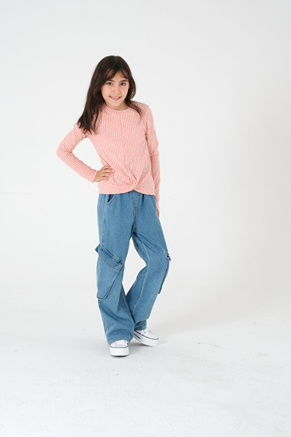 Kyron Kız Çocuk Pembe Uzun Kollu Fitilli Triko Kazak