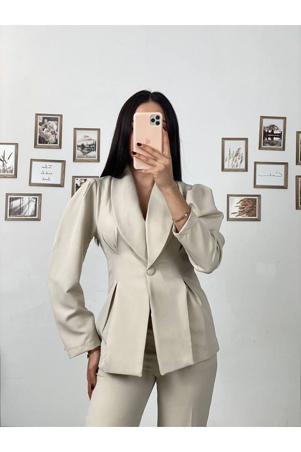 comstar-Pantaloni cu nasturi pentru femei, jachetă crem, set dublu 1