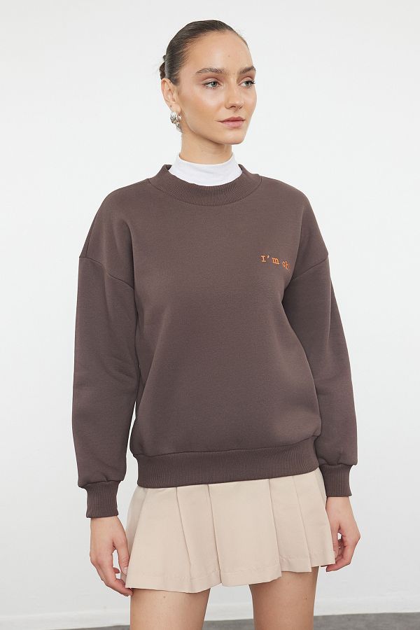 Trendyol Collection-Hnědá tlustá fleece uvnitř Regular/Normal Fit Slogan Vyšívaná pletená mikina TWOAW21SW1061 1