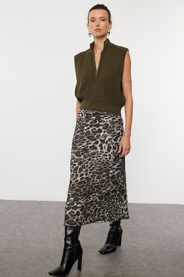 Trendyol Collection Satin Midi Length Khaki Leopard Print Skirt TWOAW25ET00042 Trendyol