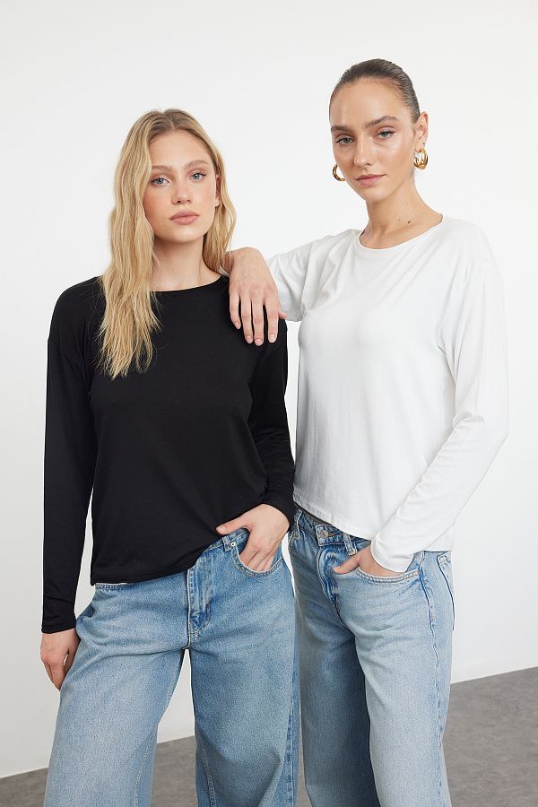 Trendyol Collection-Black-Ecru 2 Pack – 100% bavlna Oversize tričko s dlouhým rukávem TWOAW25TS00013 1