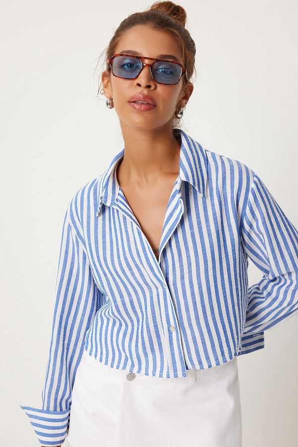 Happiness İstanbul-Blau gestreiftes, weißes, antikes Crop-Shirt - FN03259 1