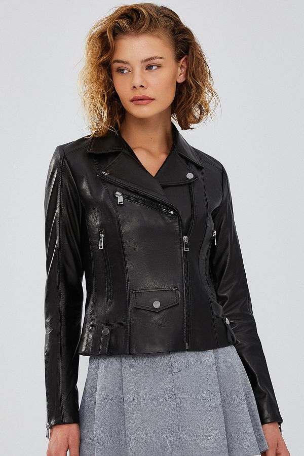Derimod Bella Women s Black Slim fit Biker Leather Jacket 23wgd5106u4 Trendyol