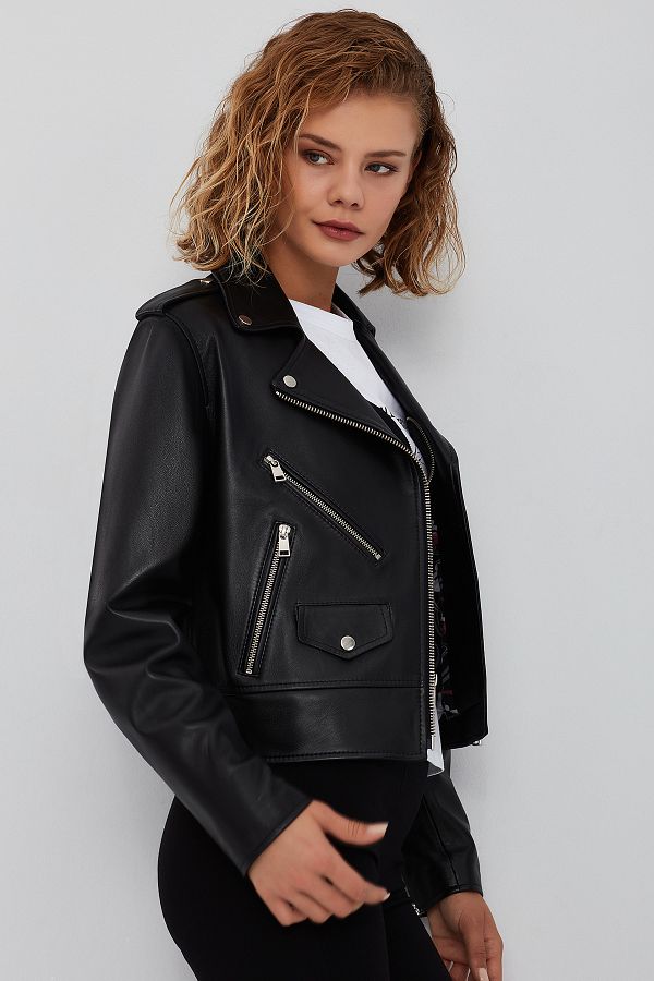 Derimod Black Biker Leather Jacket New Look Women 23wgd5086u5 Trendyol
