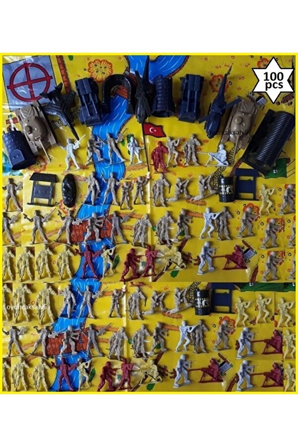 OYUNCAKSAHİLİ Tank Asker Set Oyun Halısı 100 Parça 3 Paket Komando Uçak Kale Bayrak Oyuncak Tank Taburu