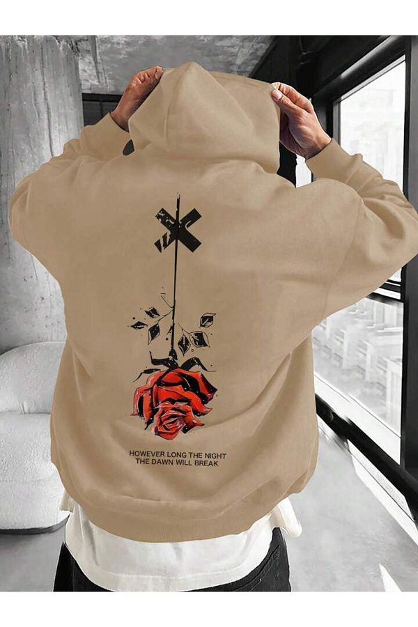 NOFLEN-Unisex Rose Printed Oversize Cotton Hooded Sweatshirt 1