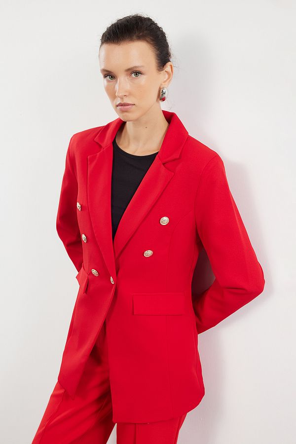 Trendyol Collection Red Fitted Blazer Jacket Knotted Detail and Lined Waist Sitting Woven TWOAW25BC00021 Trendyol