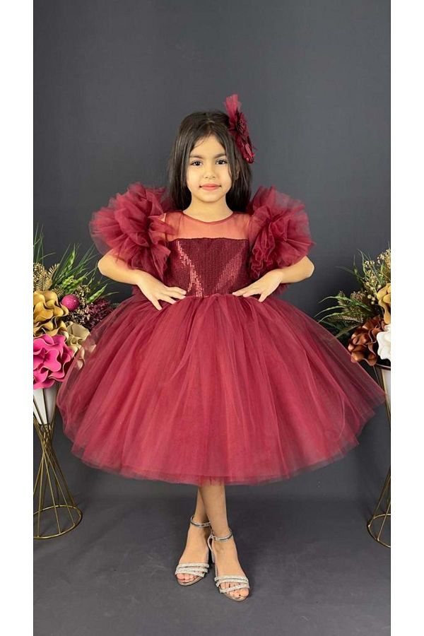 Mnk Baby Kids Chiffon Robe Pompom Sleeve Sequined Girl s Crinoline Skirt Tutu Evening Dress Claret Red Trendyol