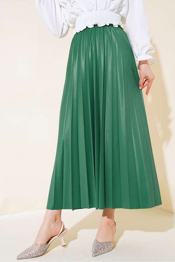 Bestenur Green Pleated Leather Skirt 736 Looking Trendyol