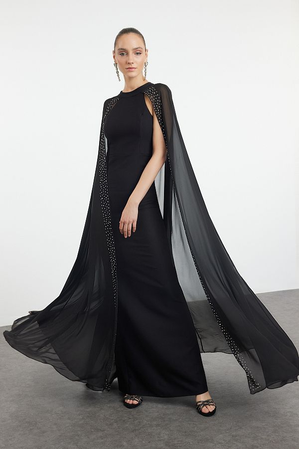 Trendyol Collection Black Long Evening Dress with Shiny