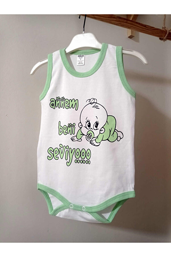 krm kerem bebe Annem Beni Seviyor Yazılı %100 Pamuk Atlet Body & Zıbın