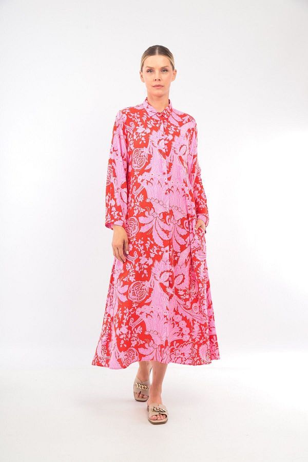 soBasic-Red Viscose Shirt Dress - Patterned, Buttoned Front, Pocket and Slit Detail, 100% Cotton - Std 1